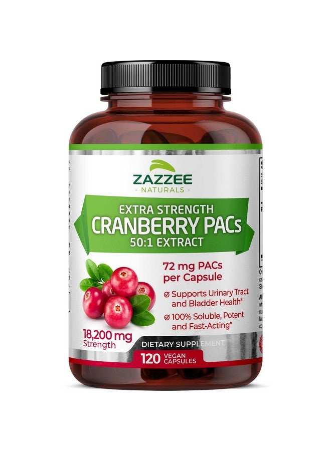 Zazzee Cranberry PACs, 72 mg PACs per Capsule, 2X Strength, 100% Soluble, 120 Vegan Capsules, 50:1 Extract, 18,200 mg Strength, Fast-Acting, Effective Urinary Tract UTI Support, Made in The USA - Image 1