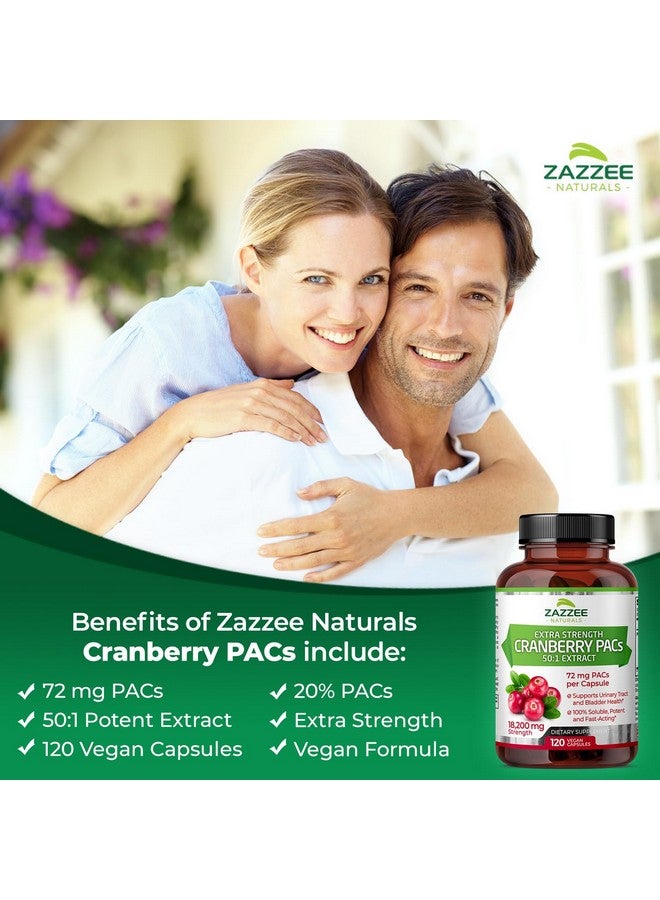 Zazzee Cranberry PACs, 72 mg PACs per Capsule, 2X Strength, 100% Soluble, 120 Vegan Capsules, 50:1 Extract, 18,200 mg Strength, Fast-Acting, Effective Urinary Tract UTI Support, Made in The USA - Image 3