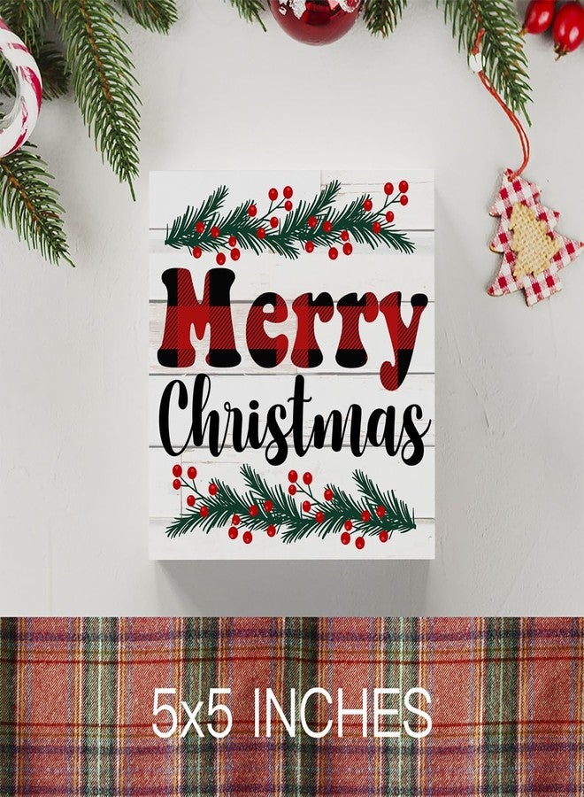 WRSUNT Cute Winter Merry Christmas Tree Wood Box Sign, Retro Farmhouse Christmas Santa Artwork Decor, Wood Square Sign Desk Block Signs Home Shelf Office Decoration 5 x 5 Inches - Image 3