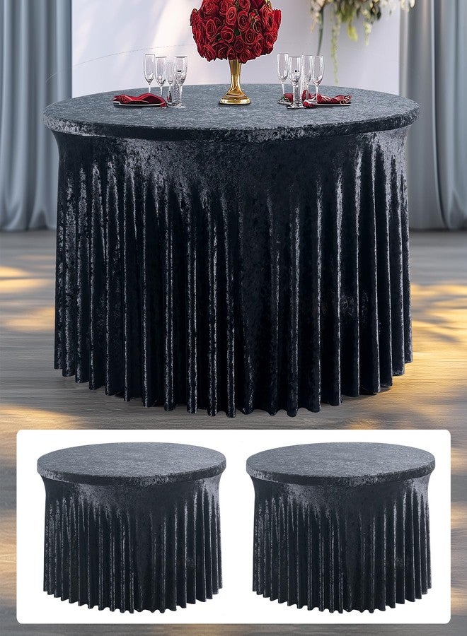 NSSONBEN 2 Pack Black Velvet Round Tablecloth 60 inch, Thick Shiny Velour Stretch Fitted 5ft Round Tablecloths 120 inch, Wrinkle Free Spandex Table Covers with Skirt for Wedding Party Dining Banquet - Image 1