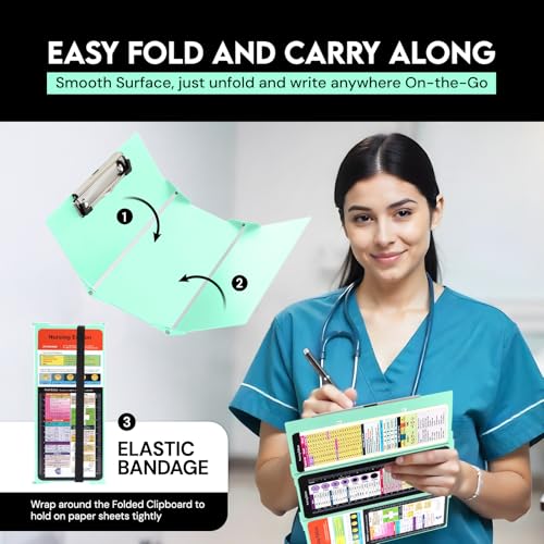 SC Printing World Nursing Clipboard Foldable with Medical Edition Cheat Sheets, 3 Layers Aluminum Foldable Clipboard for Nursing, Notepad for Students, Nursing School Essentials (Mint) - Image 4