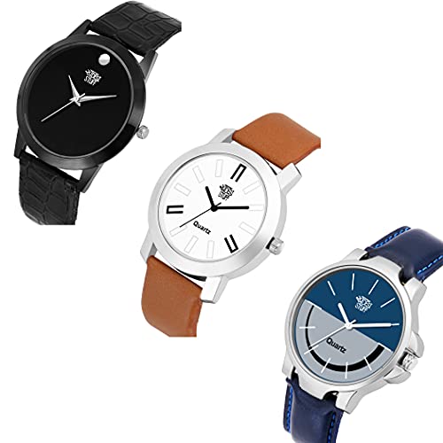 SWADESI STUFF Leather Analogue Men Watch (Set of 3) (Multicolored Dial Multicolored Colored Strap), Black Band - Image 3
