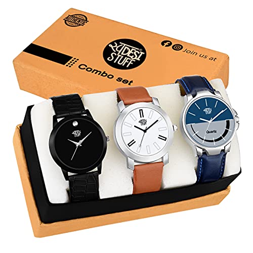 SWADESI STUFF Leather Analogue Men Watch (Set of 3) (Multicolored Dial Multicolored Colored Strap), Black Band - Image 2