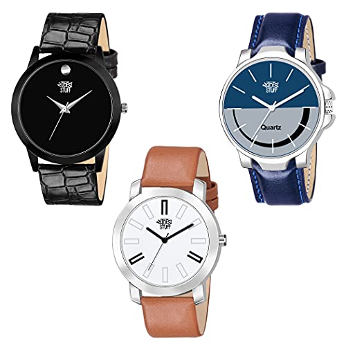 SWADESI STUFF Leather Analogue Men Watch (Set of 3) (Multicolored Dial Multicolored Colored Strap), Black Band - Image 1