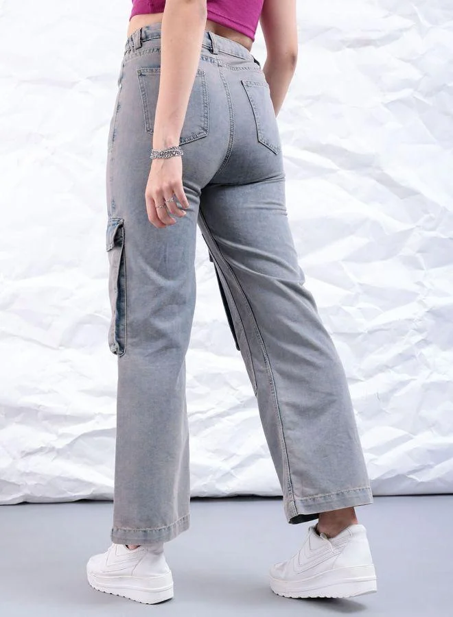 Freehand  Women Carpenter Fit Solid High-Rise Denim Cargos for Women | Best Price UAE