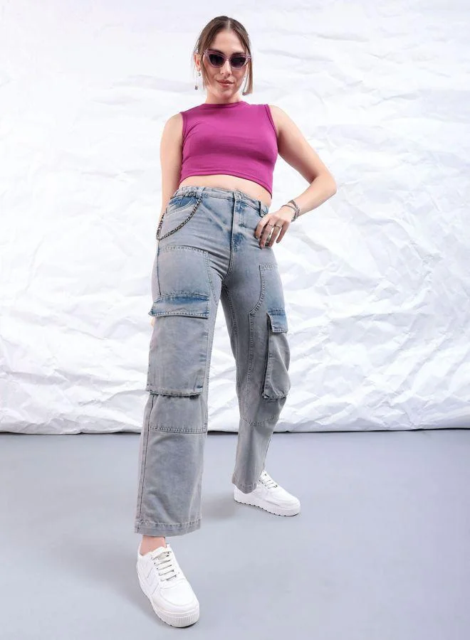 Women Carpenter Fit Solid High-Rise Denim Cargos