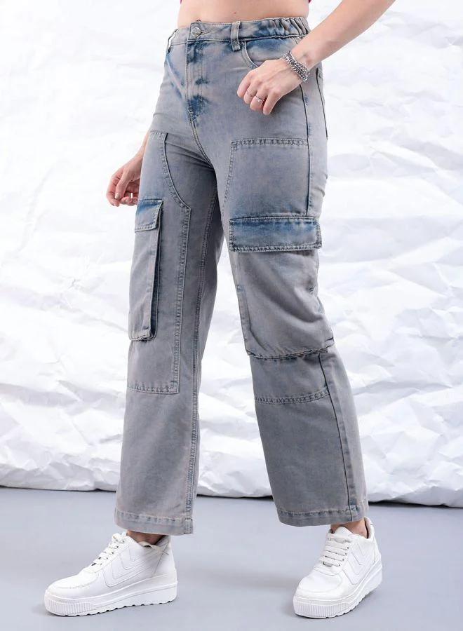 Freehand  Women Carpenter Fit Solid High-Rise Denim Cargos for Women | Best Price UAE
