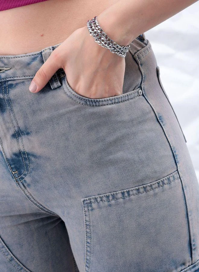 Freehand  Women Carpenter Fit Solid High-Rise Denim Cargos for Women | Best Price UAE