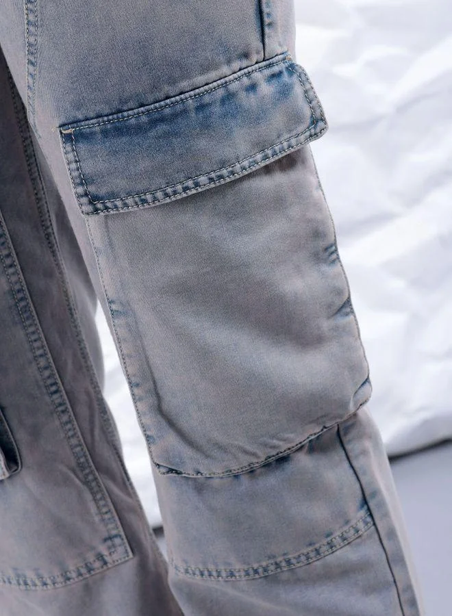 Freehand  Women Carpenter Fit Solid High-Rise Denim Cargos for Women | Best Price UAE