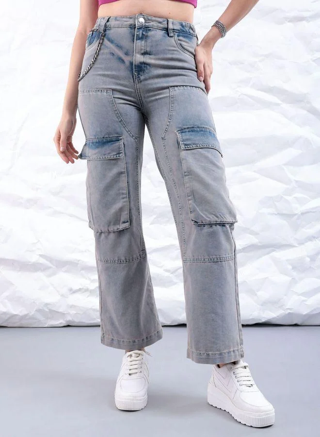 Freehand  Women Carpenter Fit Solid High-Rise Denim Cargos for Women | Best Price UAE