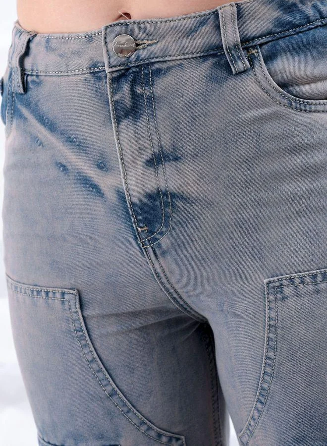 Freehand  Women Carpenter Fit Solid High-Rise Denim Cargos for Women | Best Price UAE