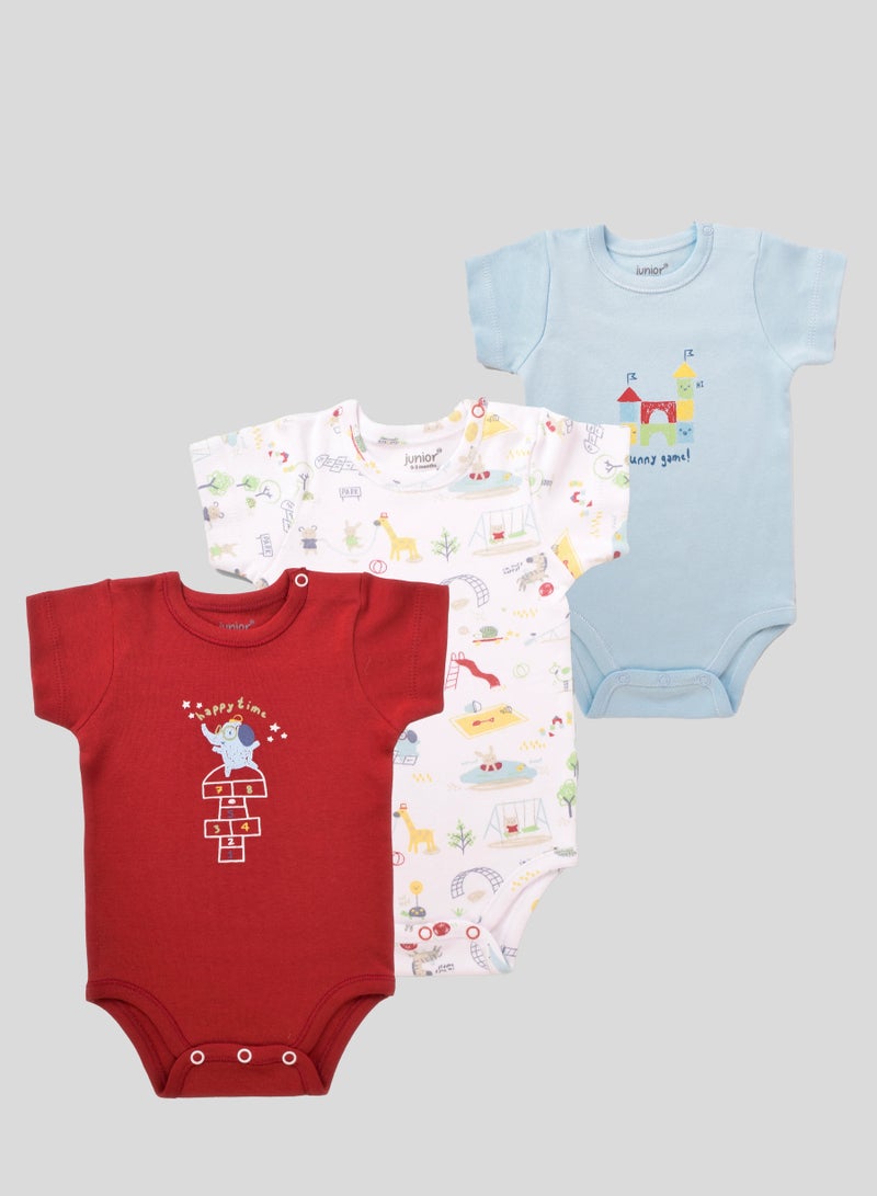 Junior Baby Half Sleeve Bodysuits, 3-Pack, Multiple Designs, 100% Cotton - Baby Boy - Image 1