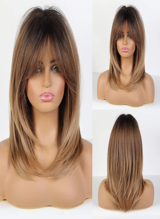 HAIRCUBE Ombre Brown Wigs for Women Shoulder Length Wigs Charming Long Curly Wigs with Bangs Daily Use - Image 1