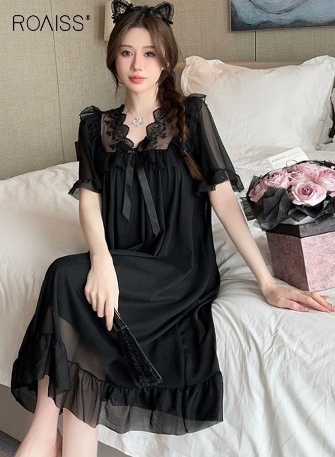 رويس قميص نوم أنيق أسود شبكي للنساء بتصميم رقبة على شكل حرف V مع حواف دانتيل متباينة اللون وحاشية وأكمام مكشكشة رقيقة وتفاصيل فيونكة لنوم مريح وملابس نوم أنيقة - Image 1