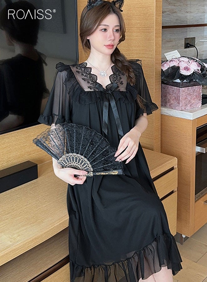 رويس قميص نوم أنيق أسود شبكي للنساء بتصميم رقبة على شكل حرف V مع حواف دانتيل متباينة اللون وحاشية وأكمام مكشكشة رقيقة وتفاصيل فيونكة لنوم مريح وملابس نوم أنيقة - Image 5