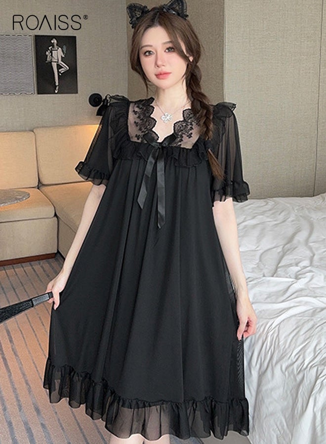 رويس قميص نوم أنيق أسود شبكي للنساء بتصميم رقبة على شكل حرف V مع حواف دانتيل متباينة اللون وحاشية وأكمام مكشكشة رقيقة وتفاصيل فيونكة لنوم مريح وملابس نوم أنيقة - Image 3