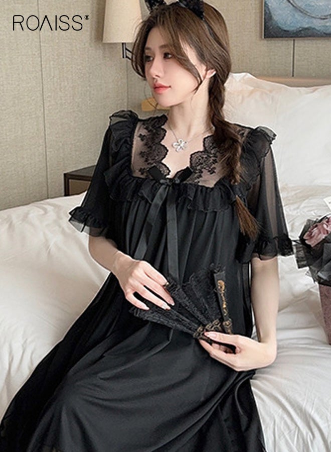 رويس قميص نوم أنيق أسود شبكي للنساء بتصميم رقبة على شكل حرف V مع حواف دانتيل متباينة اللون وحاشية وأكمام مكشكشة رقيقة وتفاصيل فيونكة لنوم مريح وملابس نوم أنيقة - Image 4