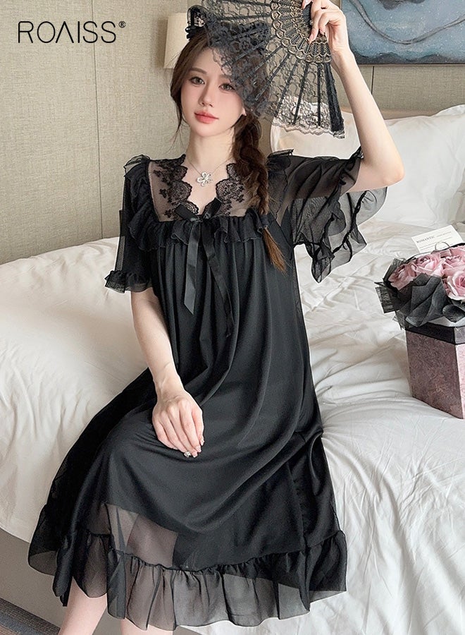 رويس قميص نوم أنيق أسود شبكي للنساء بتصميم رقبة على شكل حرف V مع حواف دانتيل متباينة اللون وحاشية وأكمام مكشكشة رقيقة وتفاصيل فيونكة لنوم مريح وملابس نوم أنيقة - Image 2