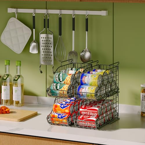 Sonyabecca 4-Pack Stackable Canned Food Organizer with Handles for Kitchen, Soda Can Organizer for Pantry Shelves, Wire Cabinet Shelf for Can Storage, Foldable Soda Dispenser, Patent Pending, Black - Image 4