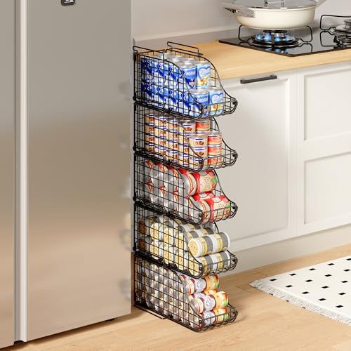 Sonyabecca 4-Pack Stackable Canned Food Organizer with Handles for Kitchen, Soda Can Organizer for Pantry Shelves, Wire Cabinet Shelf for Can Storage, Foldable Soda Dispenser, Patent Pending, Black - Image 1