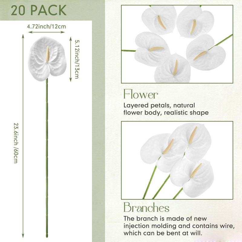Hanaive 20 Pcs Artificial Anthurium Flowers 23.6 Inch Fake Anthurium Flowers for DIY Vase Bouquets Centerpiece Arrangements Wedding Bridal Shower Party Home Decor(White) - Image 2