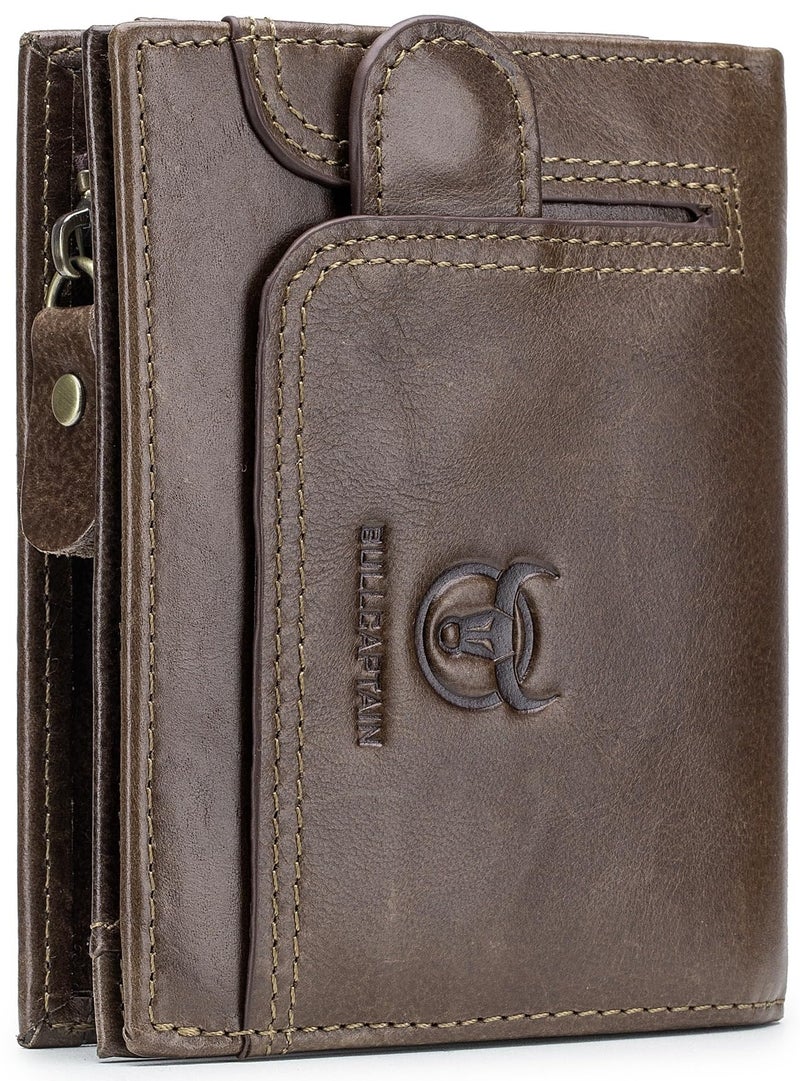 BULLCAPTAIN Men RFID Blocking Bifold Wallet Genuine Leather Card Holder Zipper Coin Purse(Brown with zipper) - Image 1