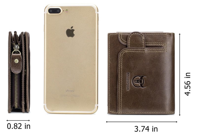 BULLCAPTAIN Men RFID Blocking Bifold Wallet Genuine Leather Card Holder Zipper Coin Purse(Brown with zipper) - Image 2