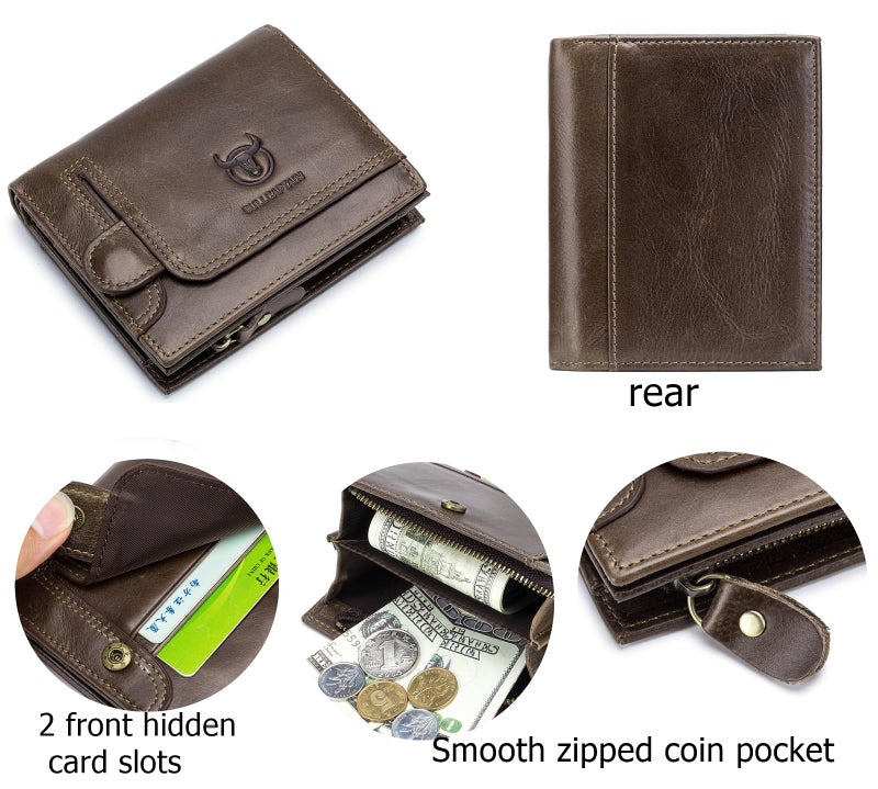 BULLCAPTAIN Men RFID Blocking Bifold Wallet Genuine Leather Card Holder Zipper Coin Purse(Brown with zipper) - Image 3
