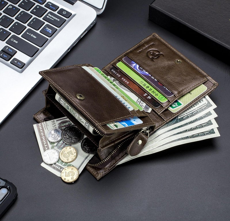 BULLCAPTAIN Men RFID Blocking Bifold Wallet Genuine Leather Card Holder Zipper Coin Purse(Brown with zipper) - Image 4