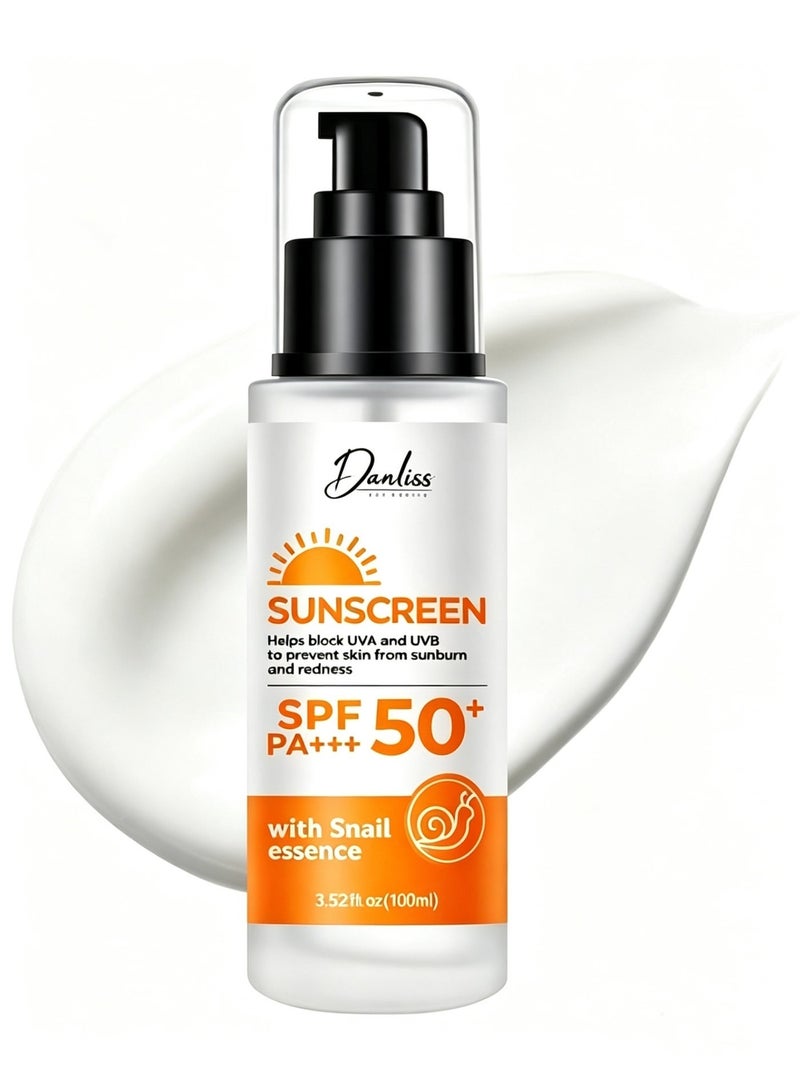danliss Danlise Sunscreen SPF 50+ PA+++ with Snail Essence for Face - Water, Sweat & Sand Resistant Sun Cream for Men & Women - Image 1