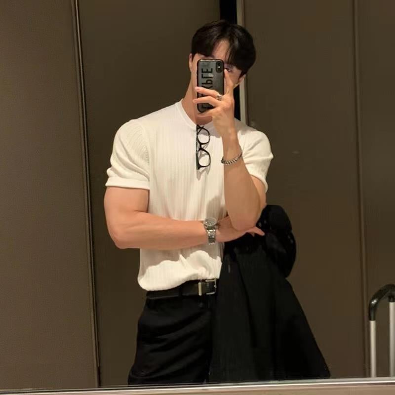 Summer Men'S T-Shirt Short-Sleeved Knitted T-Shirt Stretch Korean Slim American Style Handsome Round Neck Versatile T-Shirt - Image 4