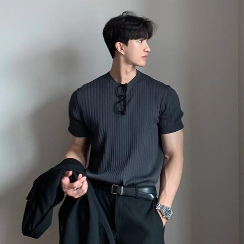 Summer Men'S T-Shirt Short-Sleeved Knitted T-Shirt Stretch Korean Slim American Style Handsome Round Neck Versatile T-Shirt - Image 2