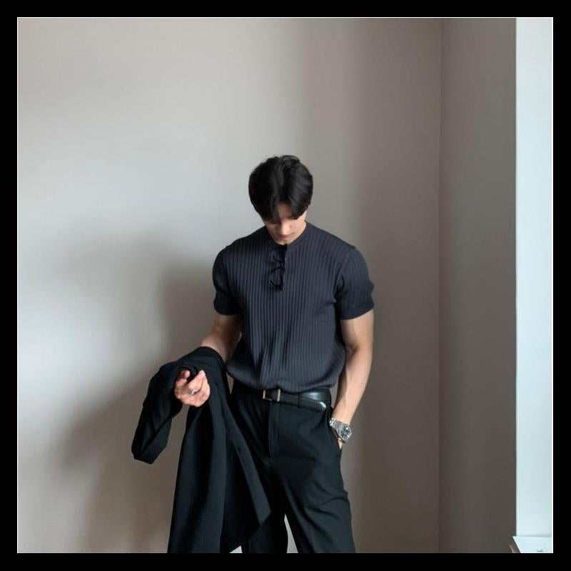 Summer Men'S T-Shirt Short-Sleeved Knitted T-Shirt Stretch Korean Slim American Style Handsome Round Neck Versatile T-Shirt - Image 3