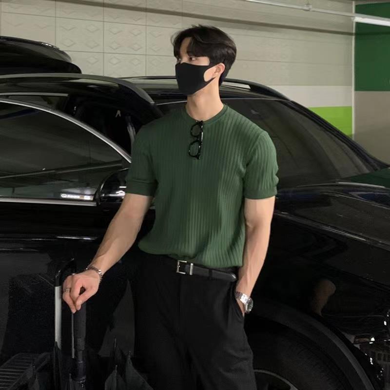 Summer Men'S T-Shirt Short-Sleeved Knitted T-Shirt Stretch Korean Slim American Style Handsome Round Neck Versatile T-Shirt - Image 1