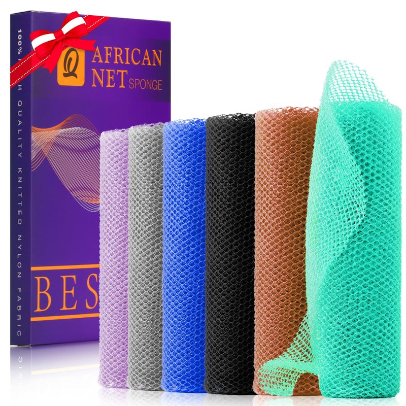 UJFQBH 6 Pieces African Bath Sponge African Net Long Net Bath Sponge Exfoliating Shower Body Scrubber Back Scrubber Skin SmootherGreat for Daily Use Purple Gray Blue Black Brown Green