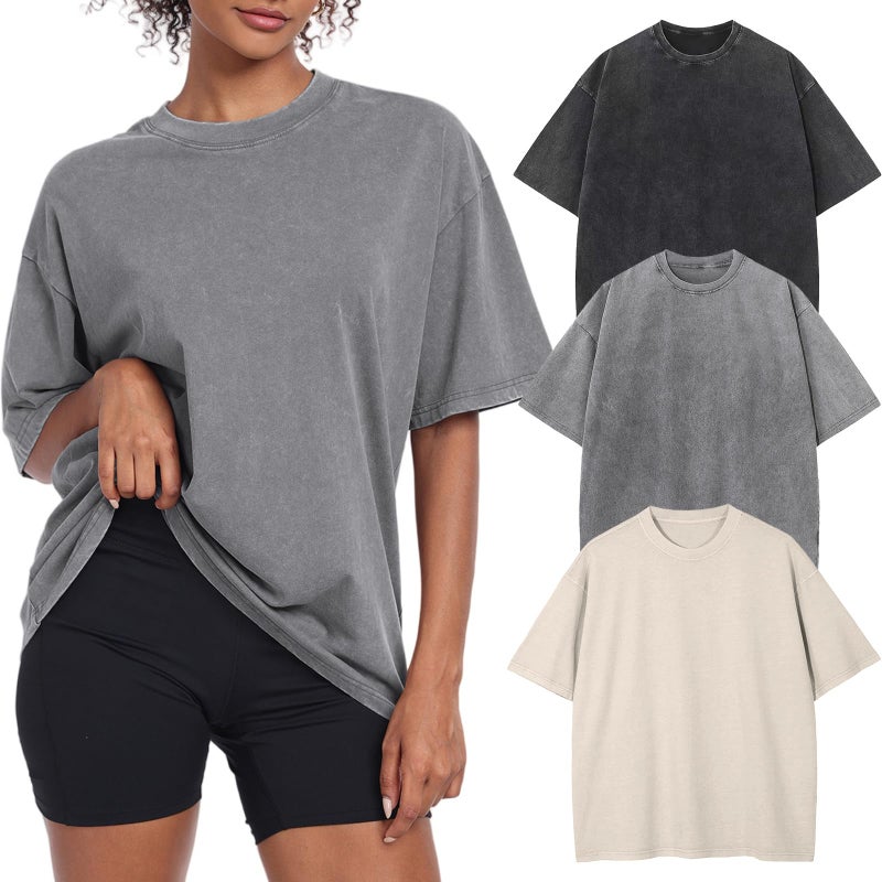 KEEPSHOWING Womens Vintage Oversized T Shirts Acid Washed Baggy Cotton Tee Casual Workout Boyfriend Short Sleeve Tops(Beige/Grey/Black L) - Image 1