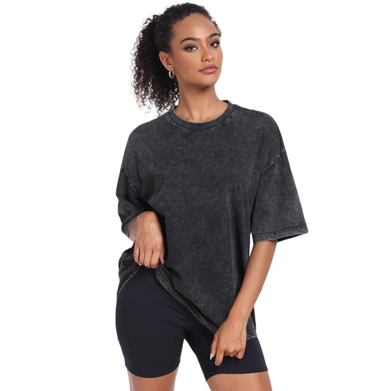 KEEPSHOWING Womens Vintage Oversized T Shirts Acid Washed Baggy Cotton Tee Casual Workout Boyfriend Short Sleeve Tops(Beige/Grey/Black L) - Image 2