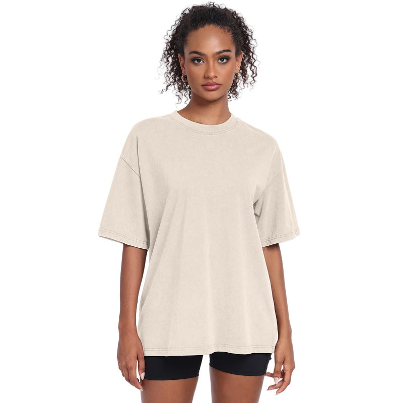 KEEPSHOWING Womens Vintage Oversized T Shirts Acid Washed Baggy Cotton Tee Casual Workout Boyfriend Short Sleeve Tops(Beige/Grey/Black L) - Image 3