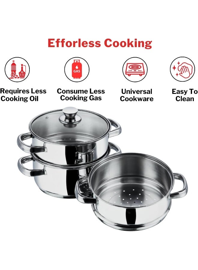VINOD Stainless Steel 3 Tier/Momo/Modak Maker/Vegetable Steamer with Glass Lid & Riveted Handles  - Image 5