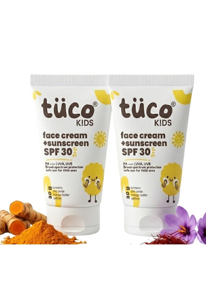 Tuco® Kids 2 in 1 Face Cream + Sunscreen SPF 30 with Saffron oil for Kids | Ages 2-5, 5-10, 10-15 | UVA/UVB PA++++ | Broad Spectrum | Benzophenone- 3, Avobenzone Free | 30 gm (Pack of 2) - Image 1