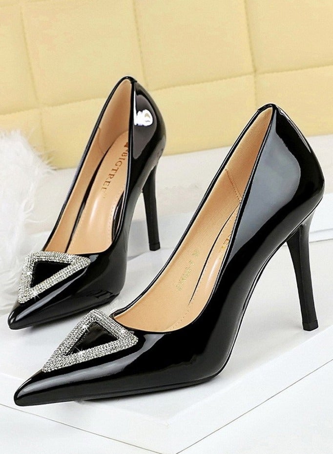 بيج تري مضخات ستيليتو النسائية أشارت إلى إصبع القدم المغلق الكعب العالي مع الديكور الراينستون الأسود 10 سم - Image 1