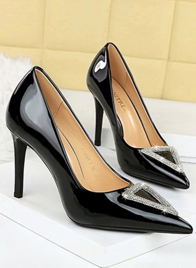 بيج تري مضخات ستيليتو النسائية أشارت إلى إصبع القدم المغلق الكعب العالي مع الديكور الراينستون الأسود 10 سم - Image 2