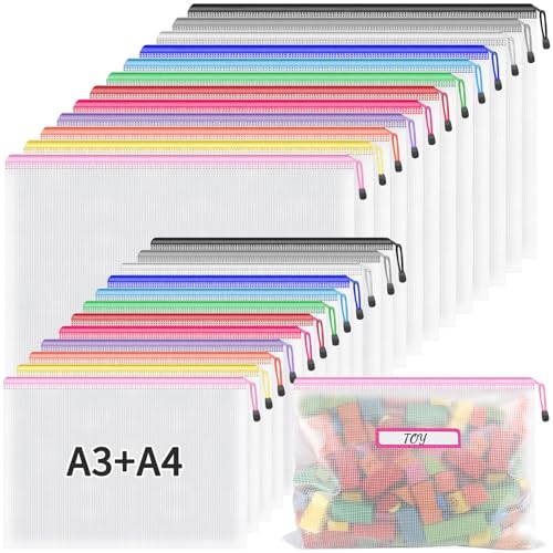 Umriox Mesh Zipper Pouch Bags A3A4 12 Colors 24 Packs Large Storage Bags Zipper Bags for Office Supplies Travel Accessories and Board Games Storage - Image 1