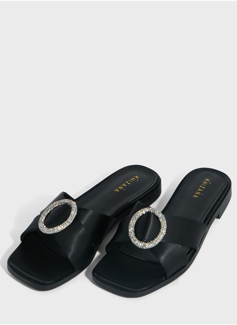 Khizana Encrusted Buckle Satin Flat Sandal  - Image 4