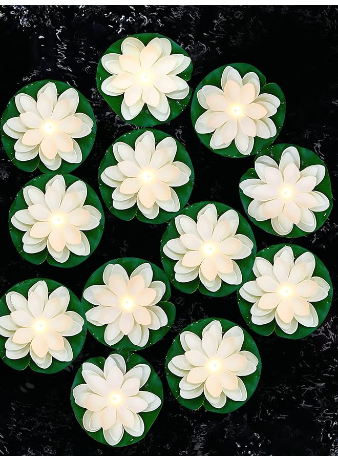The Bros 12 Pcs Floating Pool Lights - LED Lotus Lanterns, Battery Operated Lily Pad Flower Candle, Fun Pool Accessories for Pond Decor, Yellow Light (White, 5.91 Inch)  - Image 1
