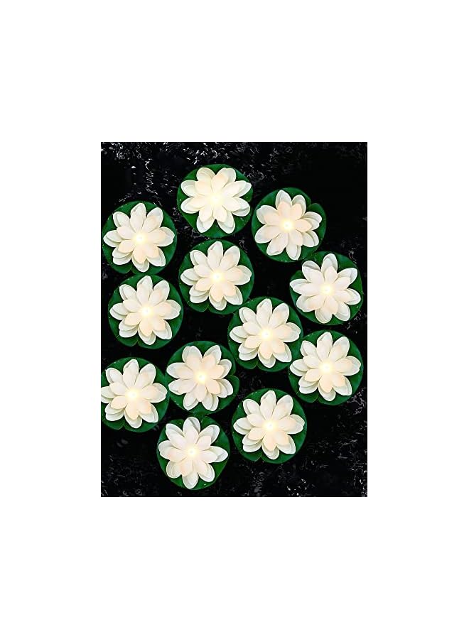 The Bros 12 Pcs Floating Pool Lights - LED Lotus Lanterns, Battery Operated Lily Pad Flower Candle, Fun Pool Accessories for Pond Decor, Yellow Light (White, 5.91 Inch)  - Image 2