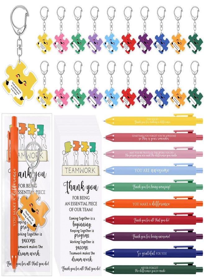 Dunzoom 40 Set Christmas Team Appreciation Gifts for Employee Coworker Office Staff Teacher Volunteer Bulk Team Work Building Puzzle Piece Keychains & Ballpoint Pens (Inspirational) - Image 1