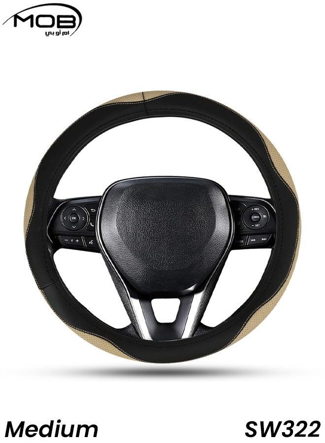 موب غطاء عجلة قيادة من الجلد الفاخر MOB SW322، مقاس متوسط ​​(37-38 سم)، مضاد للانزلاق، يسمح بمرور الهواء، متين، مناسب عالميًا للسيارات وسيارات الدفع الرباعي والشاحنات، قبضة مريحة، لون بيج-أسود - Image 1