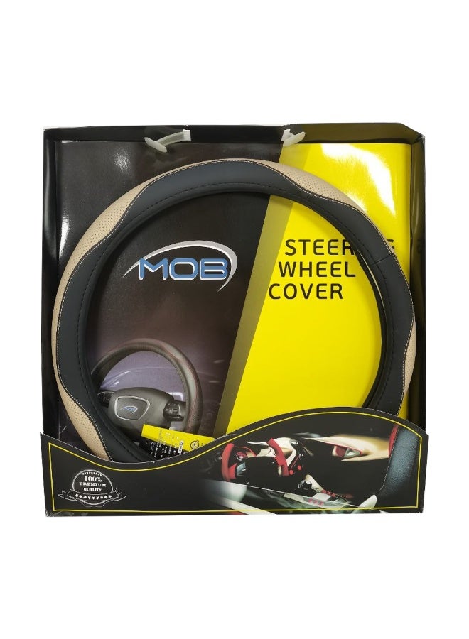 موب غطاء عجلة قيادة من الجلد الفاخر MOB SW322، مقاس متوسط ​​(37-38 سم)، مضاد للانزلاق، يسمح بمرور الهواء، متين، مناسب عالميًا للسيارات وسيارات الدفع الرباعي والشاحنات، قبضة مريحة، لون بيج-أسود - Image 5
