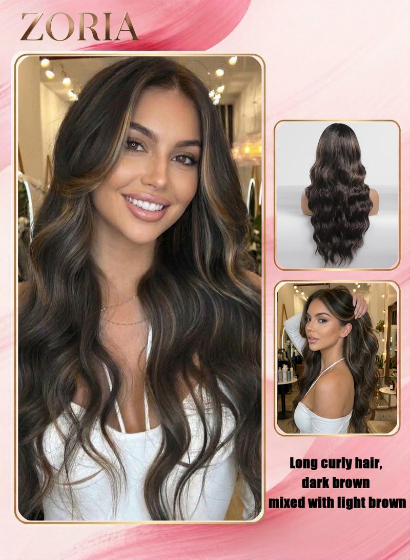 زوريا شعر مستعار صناعي طويل مموج للنساء، 66 سم، قطعة شعر مجعدة مع فرق دانتيل وخصلات كراميل بالياج، مقاوم للحرارة، مناسب للحفلات، بني داكن - Image 1